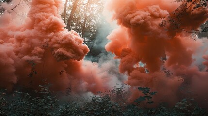 Enigmatic Crimson Smoke Rising From Enchanted Forest