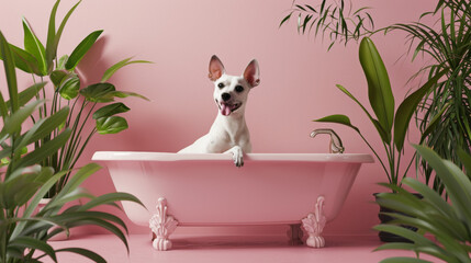 Funny cute dog in a bathtube