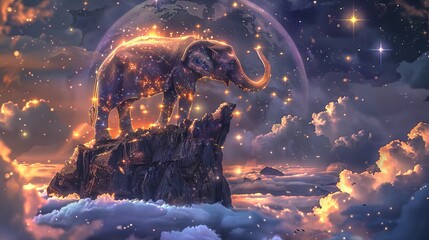 Starlit elephant atop a snowy peak. Cosmic elephant amidst mountain scenery. Concept of mystical wildlife, mountain wilderness, and stargazing.