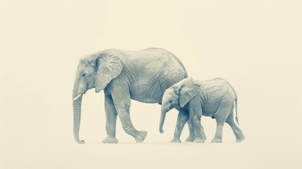 Delicate illustration of an adult elephant and a calf on a plain light background. Elephant family in a minimalistic style. Concept of wildlife art, family bond, and serene nature depiction.