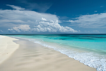 A photo of a pristine white sand beach with turquoise waters, capturing the beauty of coastal landscapes.