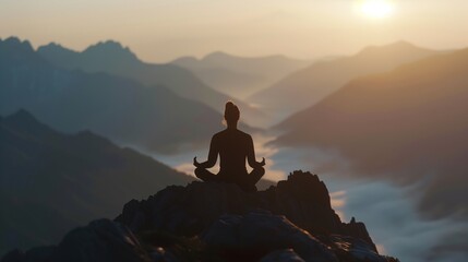 Silhouette of a person meditating on rocky peak at sunrise with misty mountains in background.