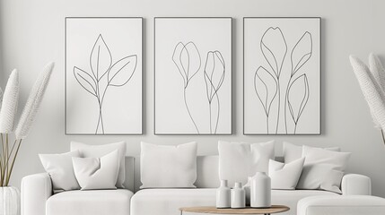 Elegant interior design featuring a white sofa with an array of decorative pillows and three botanical line art pieces on the wall.
