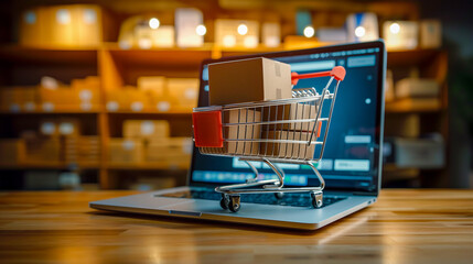 Online shopping concept with cart full of boxes on top of laptop computer. 