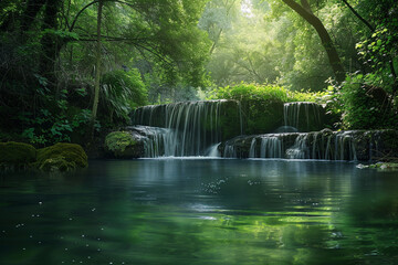A photo of a tranquil waterfall surrounded by lush greenery, capturing the beauty of natural landscapes.
