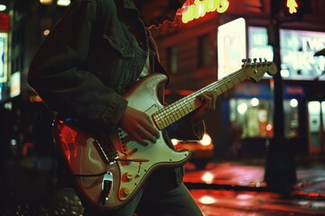 Naklejka premium A man is playing a guitar in a city street