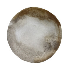 Brown, gold, bronze ink metallic watercolor paper grain texture stain circle blot on white background.