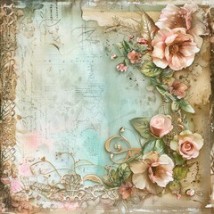 Distressed paper evoking a shabby chic vibe, decorated with floral artwork and an area designated for text insertion.