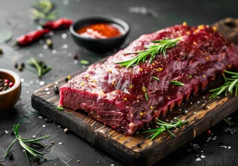 Uncooked beef brisket on wooden board