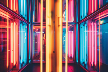 A photo of neon tubes arranged in a grid pattern, creating a futuristic aesthetic.