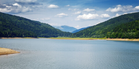 vilshany water reserve in carpathian mountain landscape. early summer nature scenery of ukraine on a cloudy day