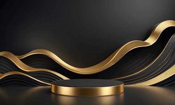 Gold black podium background 3D golden product line stage dark platform wave display