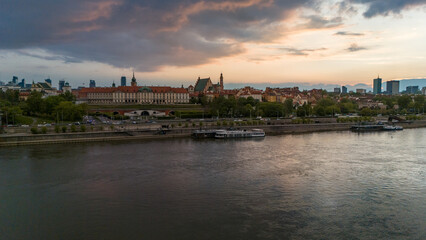 Bird's eye view of the city of Warsaw in Poland in the spring evening
