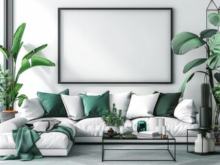 Contemporary living room with a spacious blank canvas, vibrant green plants, and a cozy sofa embellished with cushions