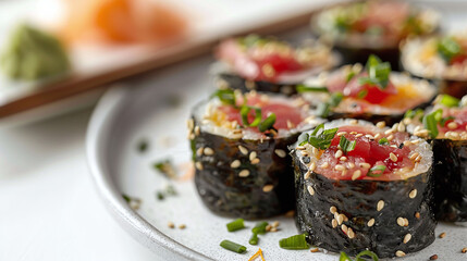 Tuna Sashimi Sushi Rolls Close-up, Temaki with Fresh Toppings, Ideal for Culinary Magazines and Sushi Bars, High-Quality Japanese Cuisine Photography with Copyspace