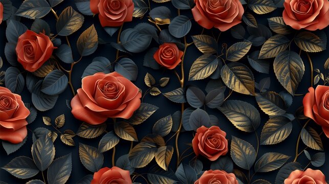 A seamless pattern featuring elegant red roses set against a striking black and gold background, adding a touch of sophistication to any design