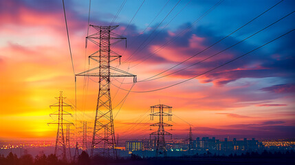 Silhouette of High voltage electric tower on sunset time background.