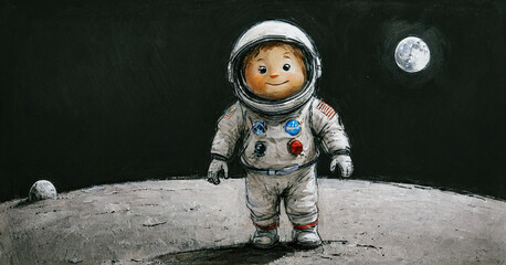 illustrazione di piccolo astronauta sulla superficie di un pianeta - obrazy, fototapety, plakaty
