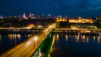 Bird's eye view of the city of Warsaw in Poland in the spring evening