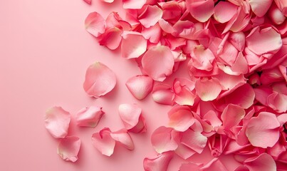 Obraz premium A beautiful arrangement of pink rose petals scattered across a pink background