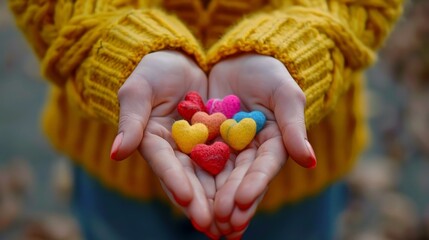 A girl in a yellow sweater holds a heart in her hands