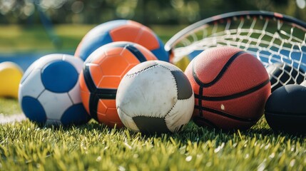 Close up of various sport balls on green grass. Sport concept