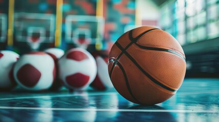 Basketball ball on floor in gymnasium. Sport concept