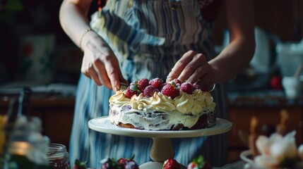 Woman decorating strawberry cake with whipped cream and fresh berries, close up - Powered by Adobe
