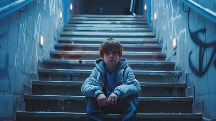 A lonely boy sits on the stairs, portraying a victim of school bullying
