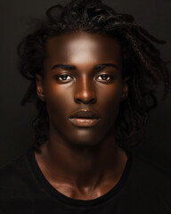 Beautiful pretty black young male, 3/4 portrait, stylish beauty long hair and natural elegance. Skin care, hair design, studio shot