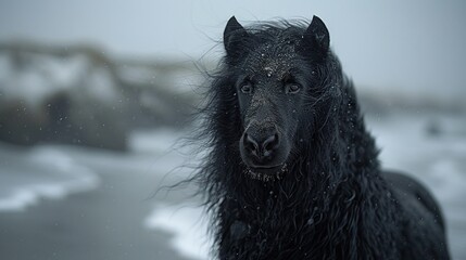   A black horse grazes beside a serene body of water with snow-covered surroundings and rocky backdrop