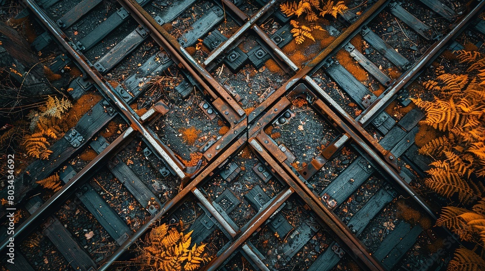 Poster an overhead view of a train track with leaves on the ground and one of the tracks has a cross-sectio