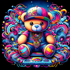 Digital art vibrant colorful cool psychedelic hiphop teddy bear