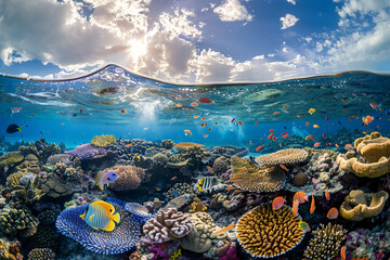 A photograph capturing the vibrant marine life surrounding Heart Island's coral reef.