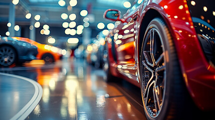 New cars display in luxury showroom with light bokeh in motor show event. - Powered by Adobe