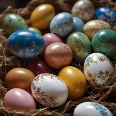 AI generated illustration of vibrantly colored Easter eggs artfully placed in a basket