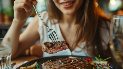Woman eating steak in a restaurant