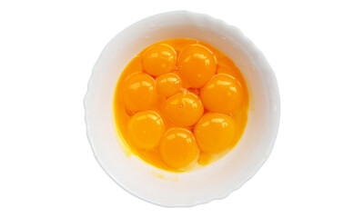 Egg yolks in a white plate on a white background.