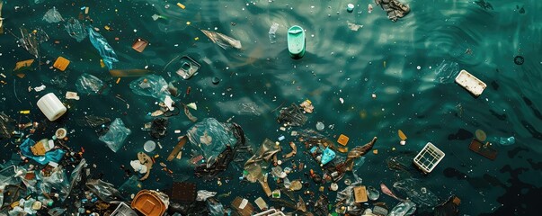 Top view of the more plastic waste floating in the sea, water pollution