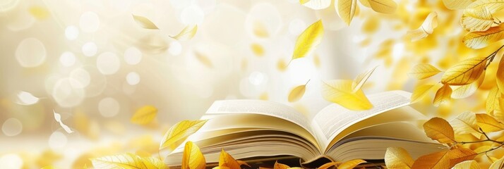 Open book with fluttering yellow leaves on a bright bokeh background