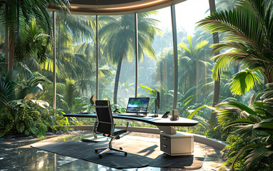 Workplace in the office of the future, work space of a digital nomad, remote work concept - obrazy, fototapety, plakaty