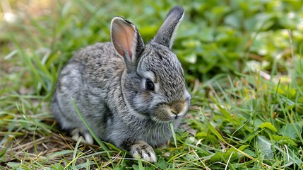 Cute gray cottontail bunny rabbit munching grass