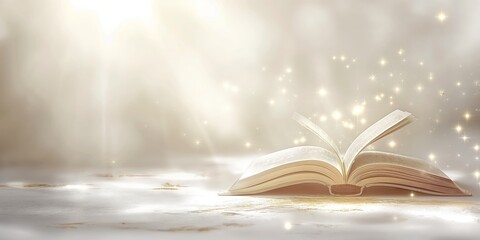 Open book with glowing pages and twinkling stars on a warm illuminated background