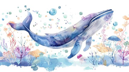 Ocean scene: blue whale, sea plants, jellyfish, bubbles, in blue, yellow and purple tones on white background.