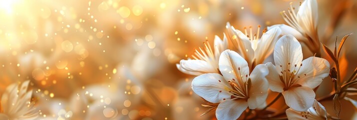 Close-up of white flowers with sparkling bokeh on a golden light background