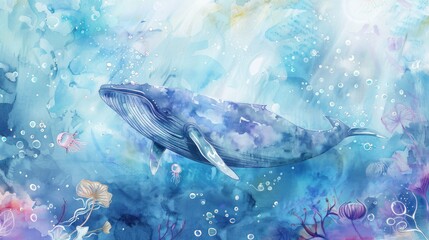 Abstract watercolor: blue whale, marine plants, jellyfish, bubbles in blue and purple tones on a blue watercolor background.