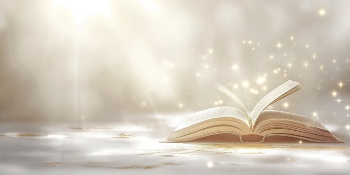 Open book with glowing pages and twinkling stars on a warm illuminated background