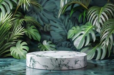 Round Marble Table Surrounded by Tropical Leaves