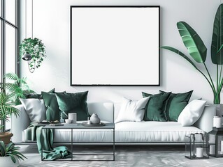 Chic living room decor with a white sofa, green cushions, hanging plant, and a black-framed picture for mockup designs