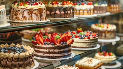 Different types of cakes in pastry shop glass display